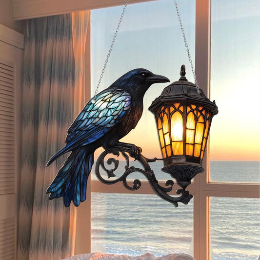 Raven Gothic on Lantern Acrylic Window Hanging, Halloween Crow on Lamp Decor, Halloween Decor for Dark Academia Home, Witchcraft Decor Fans