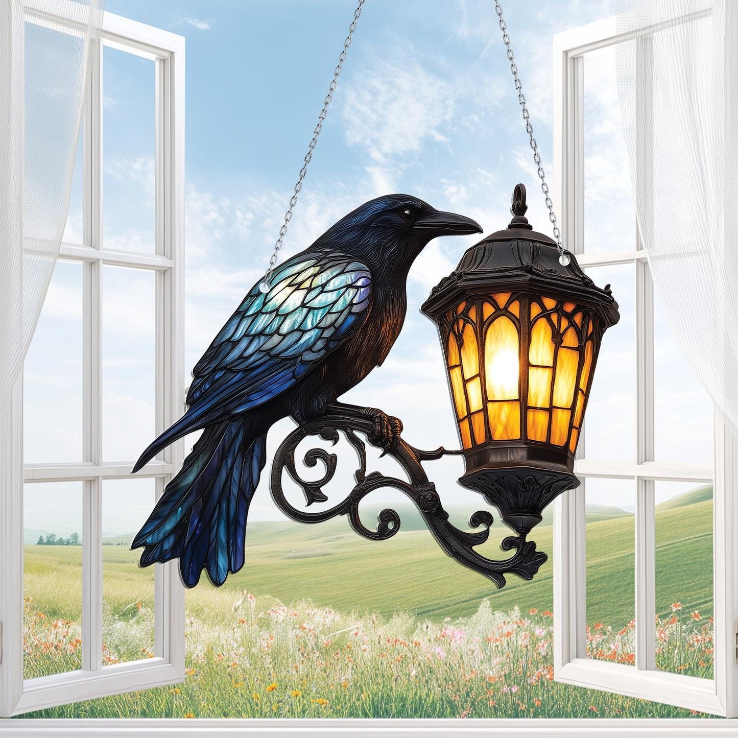 Raven Gothic on Lantern Acrylic Window Hanging, Halloween Crow on Lamp Decor, Halloween Decor for Dark Academia Home, Witchcraft Decor Fans