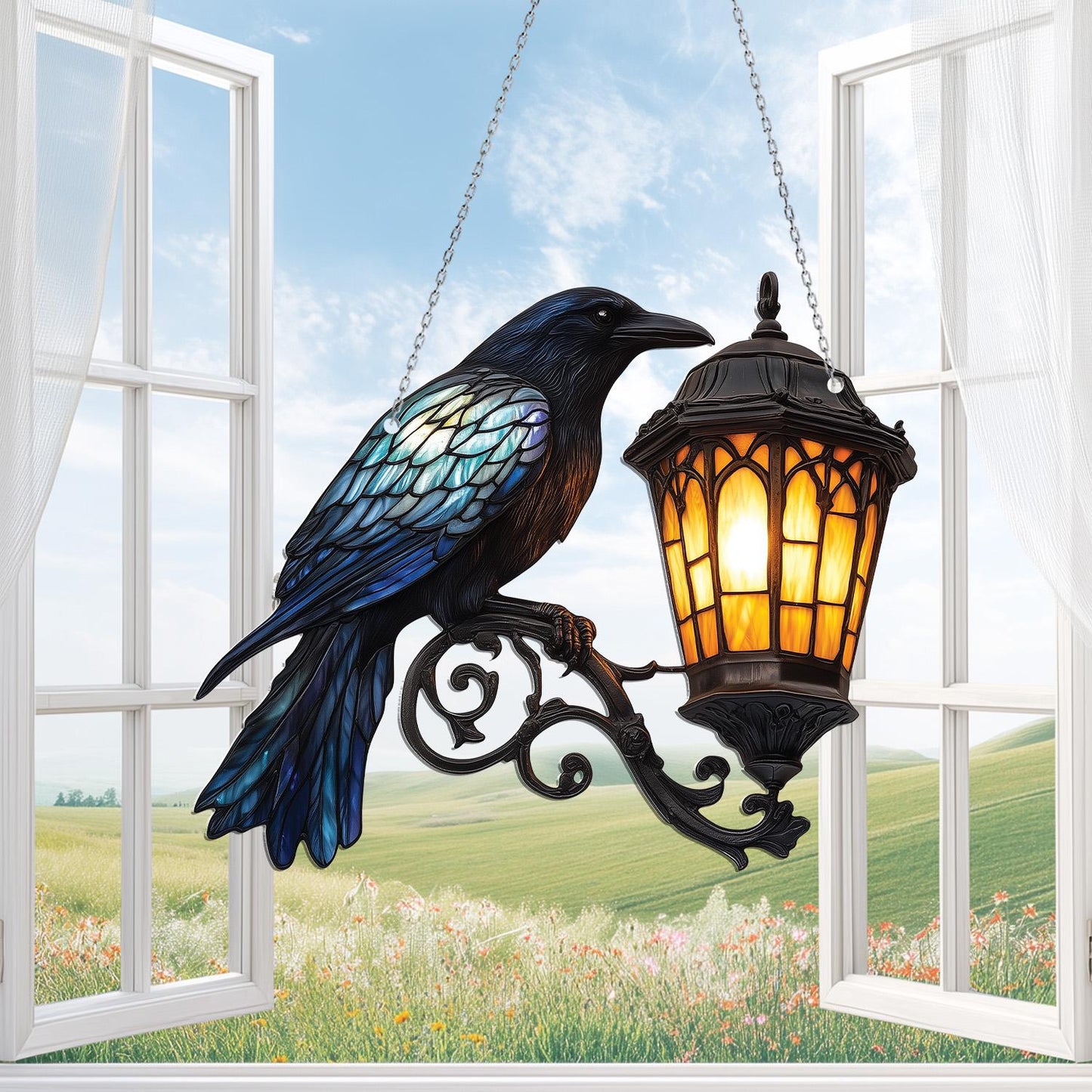 Raven Gothic on Lantern Acrylic Window Hanging, Halloween Crow on Lamp Decor, Halloween Decor for Dark Academia Home, Witchcraft Decor Fans