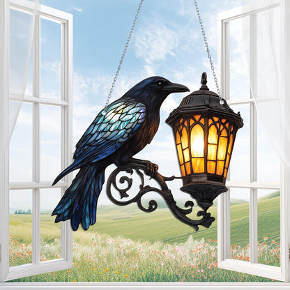 Raven Gothic on Lantern Acrylic Window Hanging, Halloween Crow on Lamp Decor, Halloween Decor for Dark Academia Home, Witchcraft Decor Fans