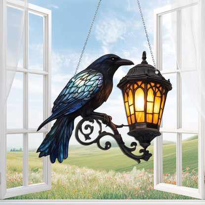 Raven Gothic on Lantern Acrylic Window Hanging, Halloween Crow on Lamp Decor, Halloween Decor for Dark Academia Home, Witchcraft Decor Fans