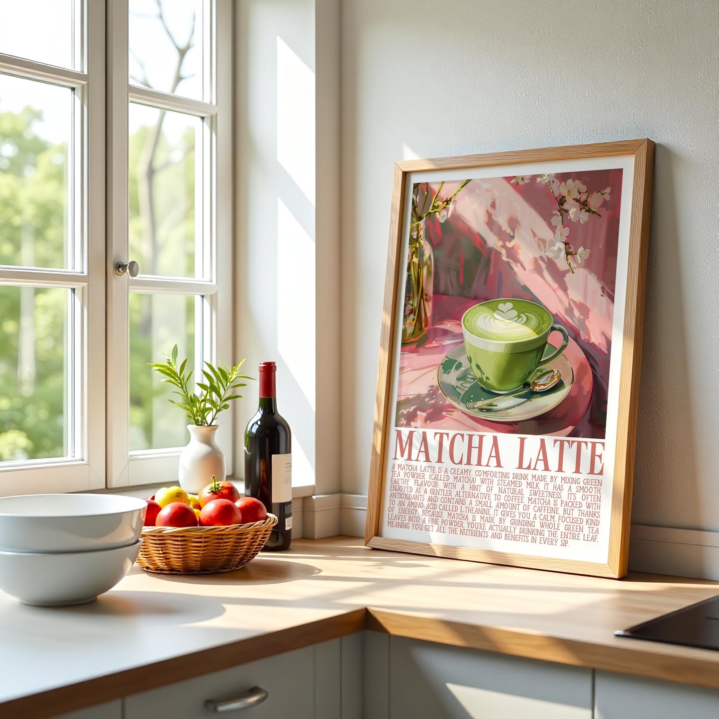Matcha Latte Art Print, Green Tea Wall Decor, Calm Café Vibes Poster, Aesthetic Matcha Kitchen Print, Retro Whimsical Wellness Wall Art