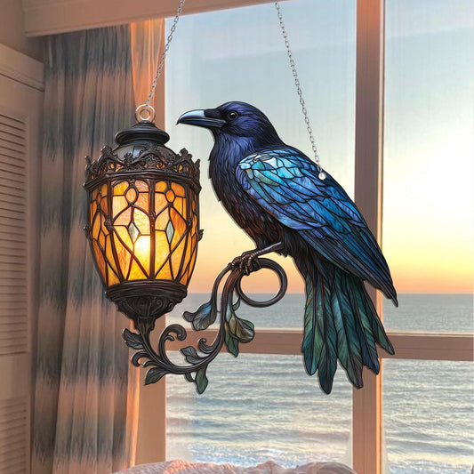 Raven Gothic on Lantern Acrylic Window Hanging, Crow on Lamp Decor, Halloween Black Raven Decor, Dark Academia Decor, Witchcraft Decor Fans