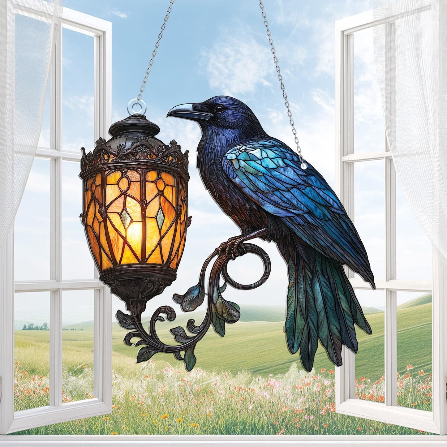Raven Gothic on Lantern Acrylic Window Hanging, Crow on Lamp Decor, Halloween Black Raven Decor, Dark Academia Decor, Witchcraft Decor Fans