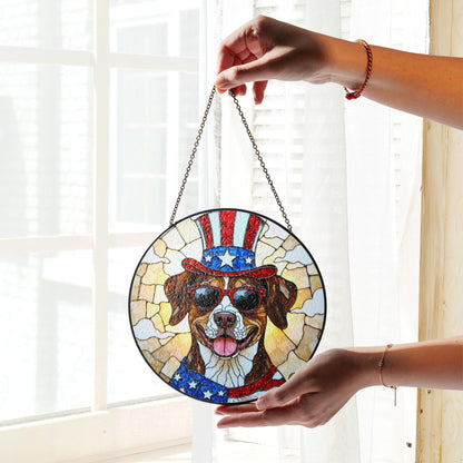 Patriotic dog with Uncle Sam hat Suncatcher stained glass window decor Independence Day gift for dog lovers