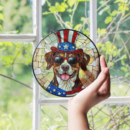 Patriotic dog with Uncle Sam hat Suncatcher stained glass window decor Independence Day gift for dog lovers