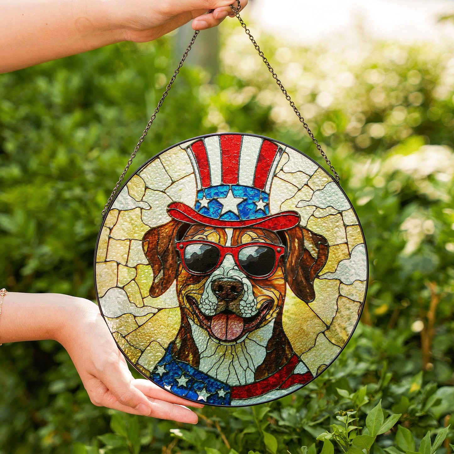 Patriotic dog with Uncle Sam hat Suncatcher stained glass window decor Independence Day gift for dog lovers