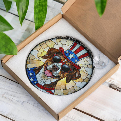 Patriotic dog with Uncle Sam hat Suncatcher stained glass window decor Independence Day gift for dog lovers