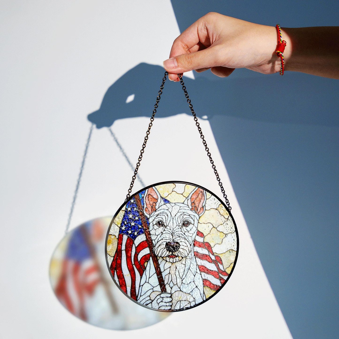 Patriotic dog American flag stained glass window art round suncatcher gift for July Fourth dog lover home decor