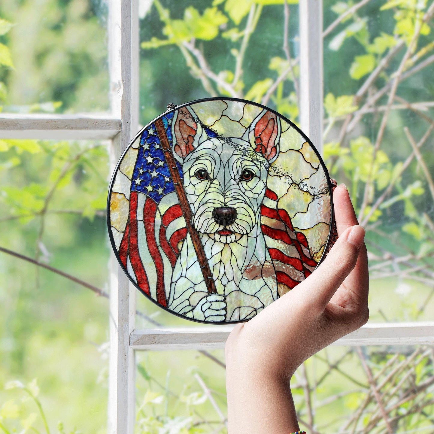 Patriotic dog American flag stained glass window art round suncatcher gift for July Fourth dog lover home decor