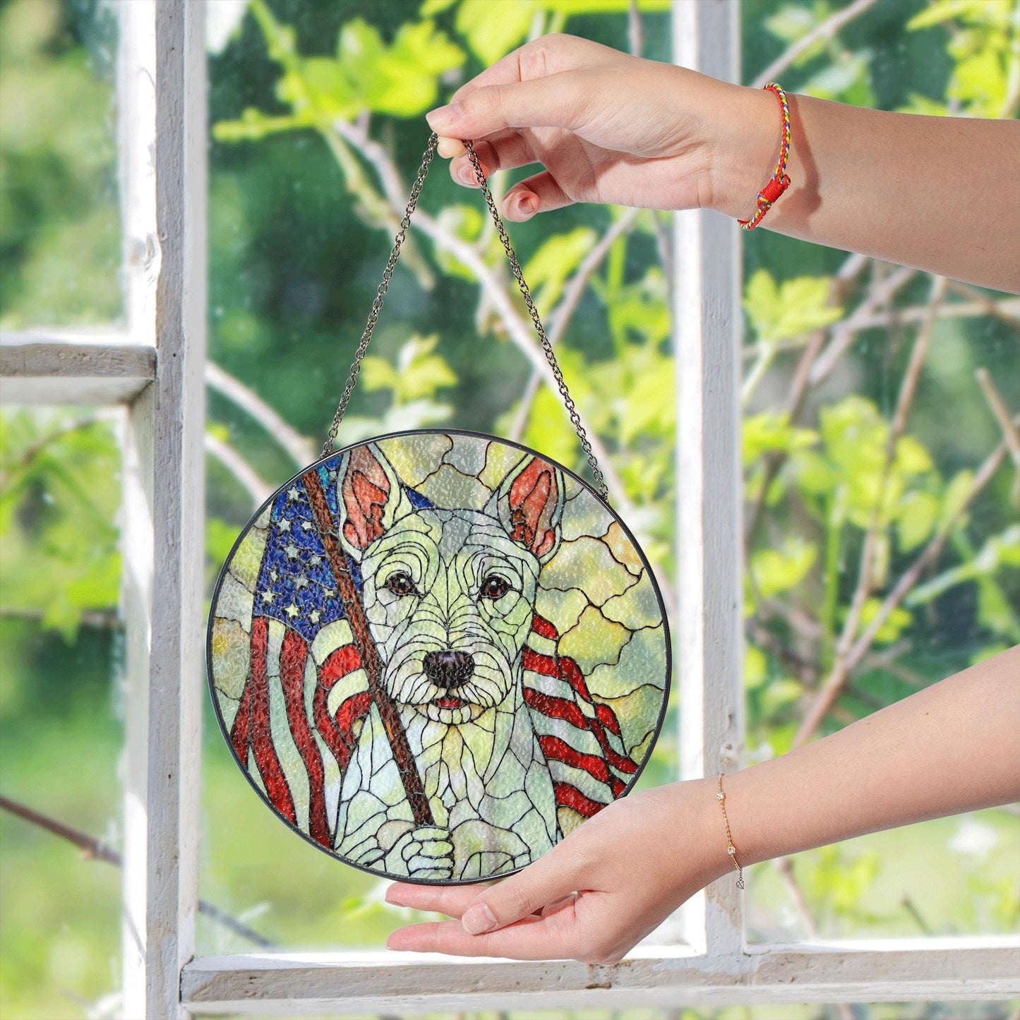 Patriotic dog American flag stained glass window art round suncatcher gift for July Fourth dog lover home decor