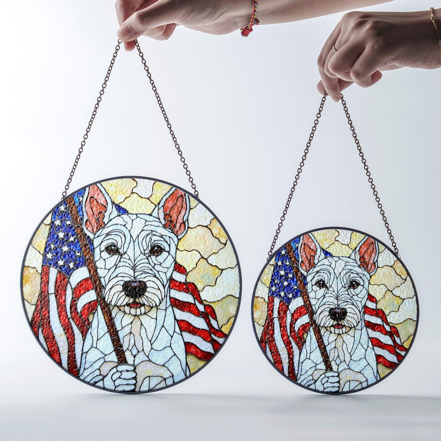 Patriotic dog American flag stained glass window art round suncatcher gift for July Fourth dog lover home decor