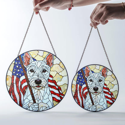 Patriotic dog American flag stained glass window art round suncatcher gift for July Fourth dog lover home decor