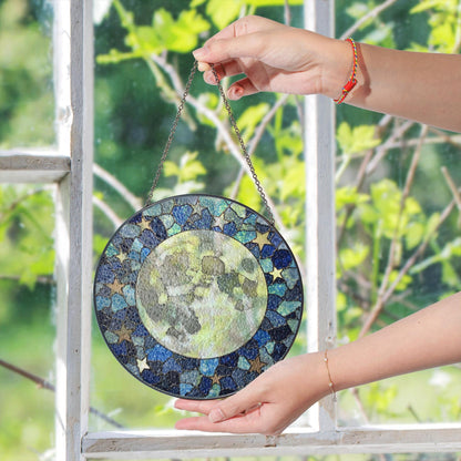 Mosaic Moon Starry Night stained glass suncatcher round window hanging celestial art gift for space lover mom birthday