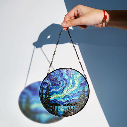 Aurora borealis forest lake mosaic round stained glass suncatcher window art gift for nature lover housewarming