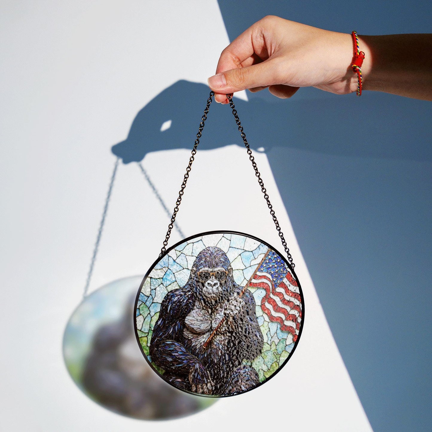 Cool gorilla waving USA flag stained glass round suncatcher window decor patriotic Fourth of July gift for dad