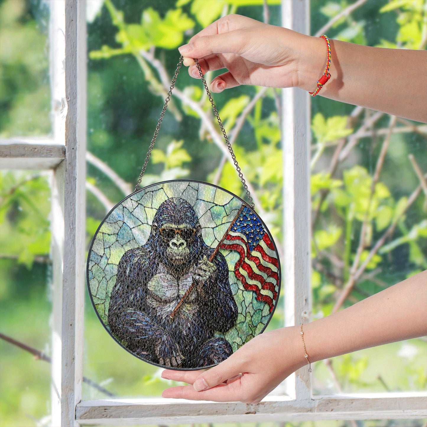 Cool gorilla waving USA flag stained glass round suncatcher window decor patriotic Fourth of July gift for dad