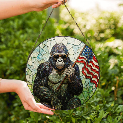 Cool gorilla waving USA flag stained glass round suncatcher window decor patriotic Fourth of July gift for dad