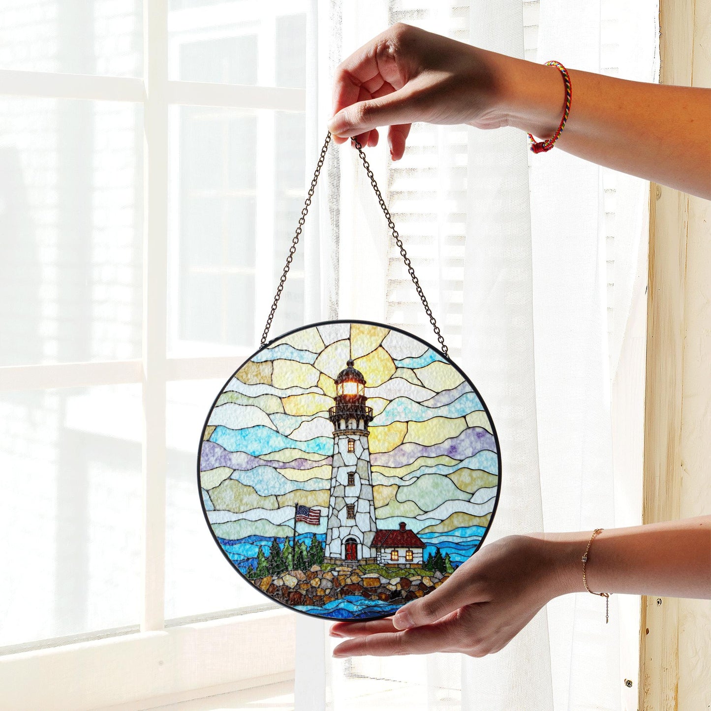 Patriotic Lighthouse Coastal Beacon Stained Glass Round Suncatcher Window Hanging Independence Day Gift for Dad