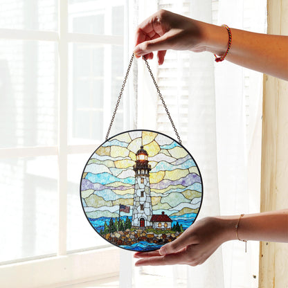 Patriotic Lighthouse Coastal Beacon Stained Glass Round Suncatcher Window Hanging Independence Day Gift for Dad