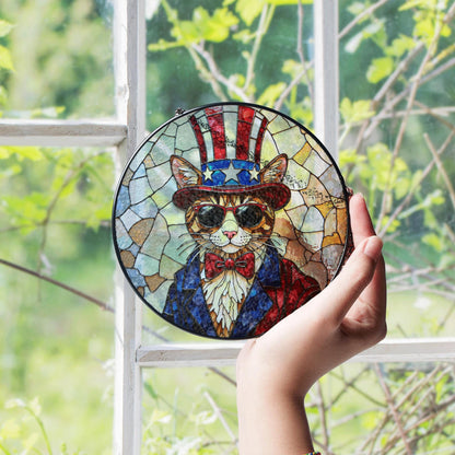 Patriotic cat Uncle Sam sunglasses stained glass round suncatcher window decor Independence Day gift for cat lovers