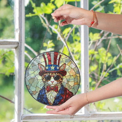 Patriotic cat Uncle Sam sunglasses stained glass round suncatcher window decor Independence Day gift for cat lovers
