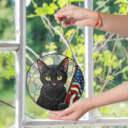 Black cat with American flag mosaic stained glass suncatcher window decor Independence Day gift for cat lover