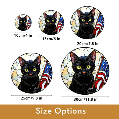Black cat with American flag mosaic stained glass suncatcher window decor Independence Day gift for cat lover