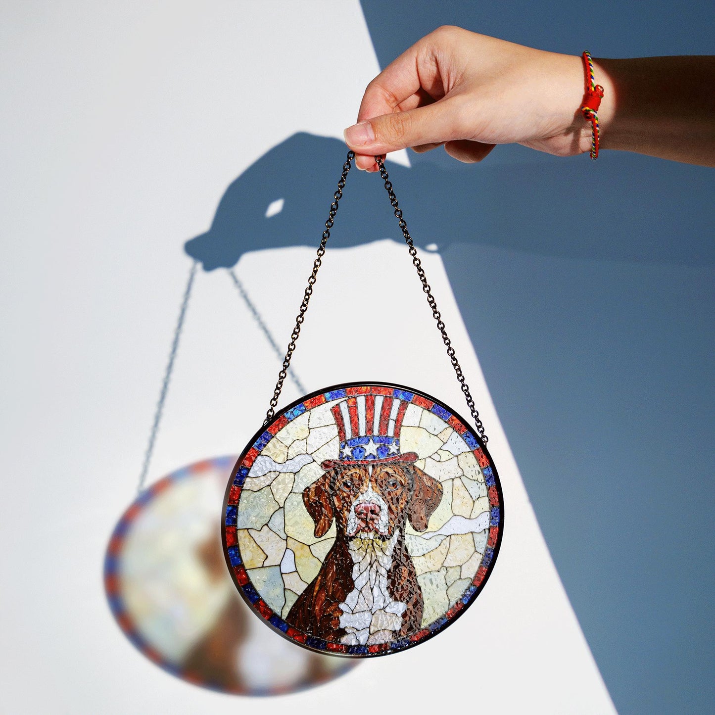 Fourth of July Uncle Sam dog art stained glass suncatcher window decor gift for patriotic dog lover