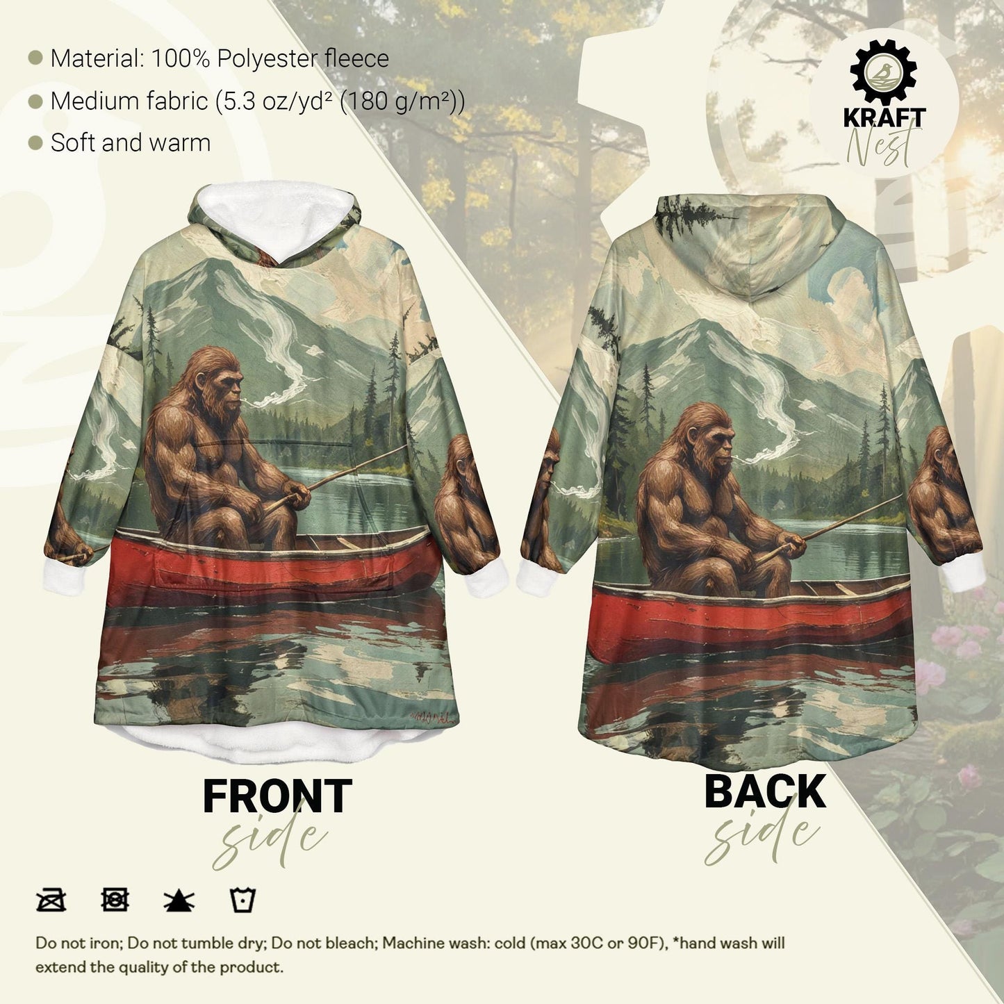 Bigfoot Fishing Blanket Hoodie | Cozy Oversized Fleece Hoodie Blanket | Camping Gift for Men | Funny Outdoor Cryptid