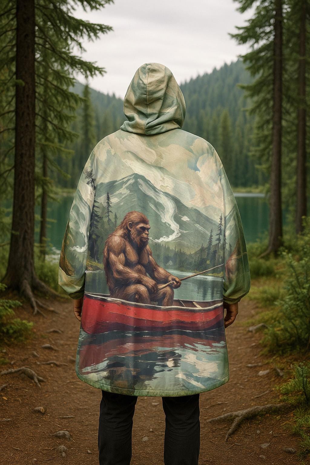 Bigfoot Fishing Blanket Hoodie | Cozy Oversized Fleece Hoodie Blanket | Camping Gift for Men | Funny Outdoor Cryptid