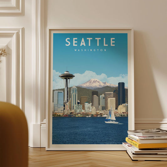 Seattle Poster Print, Seattle Washington State Wall Art Home Decor, Vintage Seattle Print Wall Art, Mount Rainier Wall Art, Seattle Gift