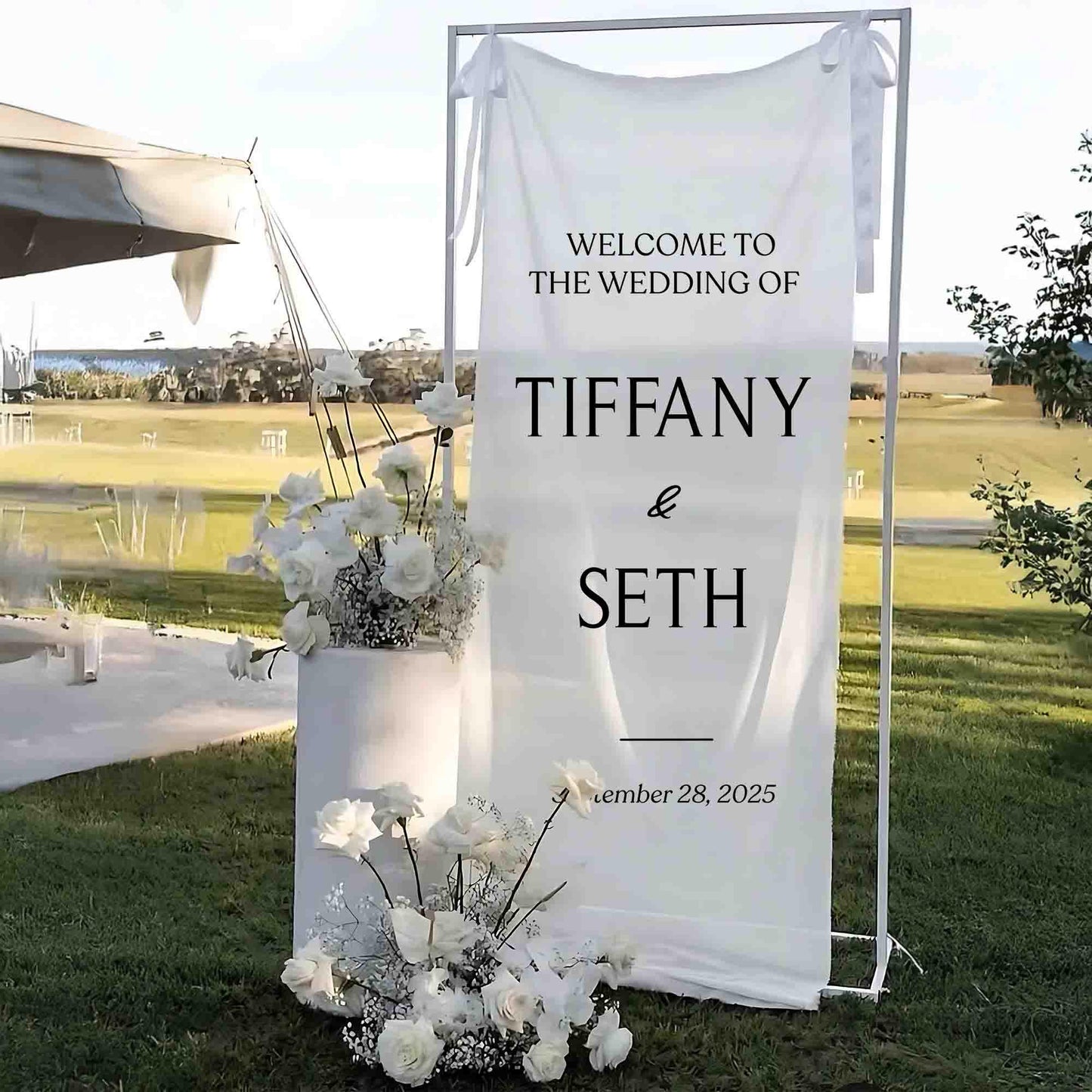 Minimalist Wedding Welcome Sign, Personalized Outdoor Ceremony Banner, Elegant Name Sign for Bride & Groom, Custom Wedding Decor for Garden