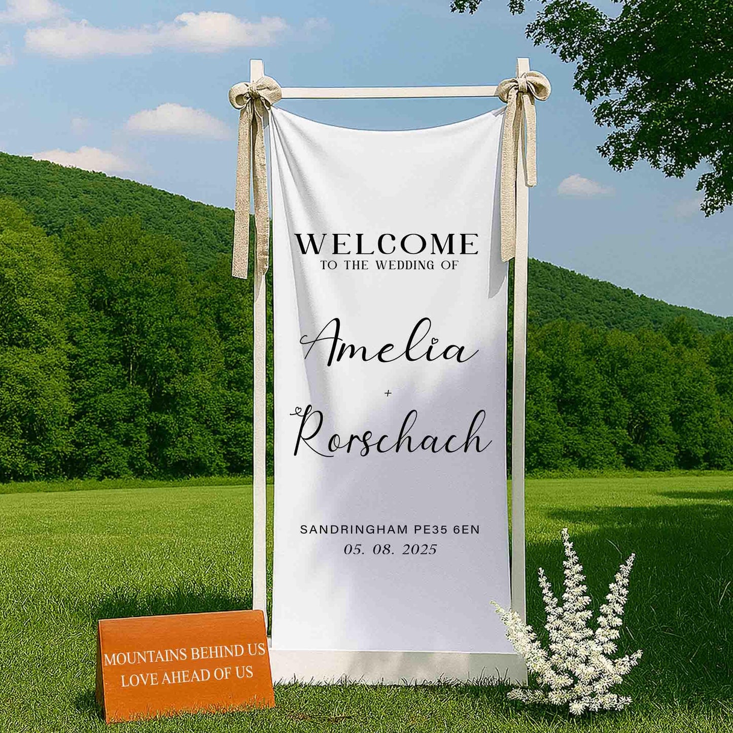 Rustic Wedding Welcome Sign, Custom Outdoor Ceremony Banner with Couple Names, Custom Minimalist Forest Wedding Decor, Elegant Boho Style