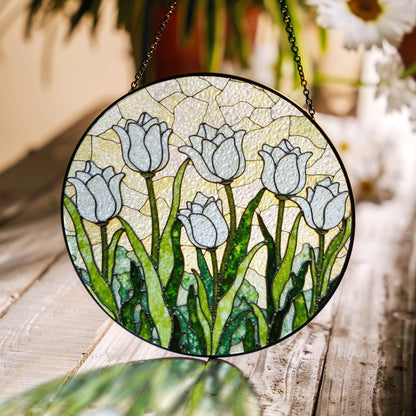 White Tulip Garden Round Glass Suncatcher Window Art Gift for Mothers Day or Spring Birthday
