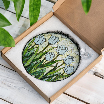 White Tulip Garden Round Glass Suncatcher Window Art Gift for Mothers Day or Spring Birthday