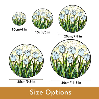 White Tulip Garden Round Glass Suncatcher Window Art Gift for Mothers Day or Spring Birthday