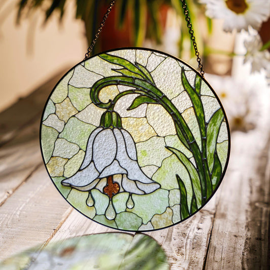 White Bell Flower Stained Glass Suncatcher Floral Window Hanging Gift for Moms and Garden Lovers