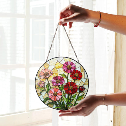Pink Red Wildflowers Suncatcher Stained Glass Window Decor Gift for Mom Mother Birthday Garden Lover