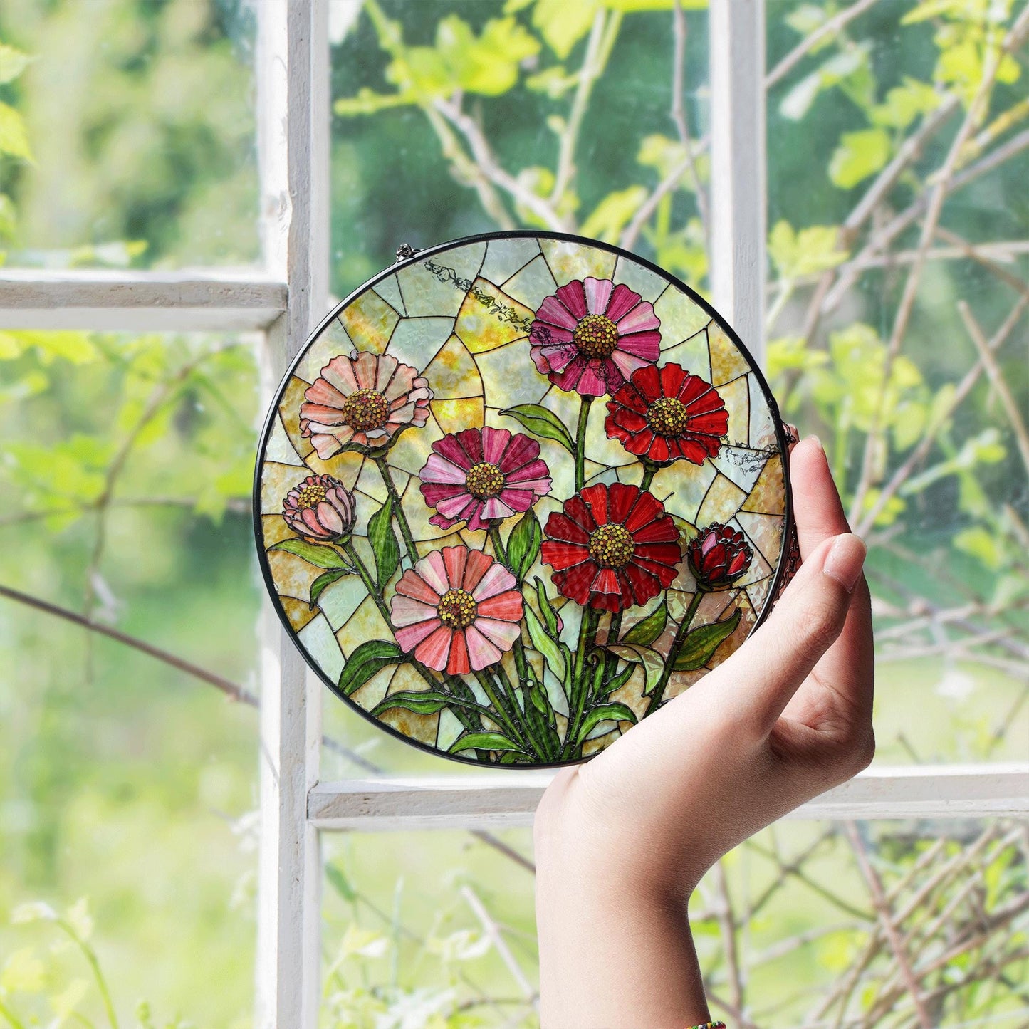 Pink Red Wildflowers Suncatcher Stained Glass Window Decor Gift for Mom Mother Birthday Garden Lover