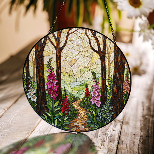 Forest path flower glass suncatcher stained glass woodland window hanging gift for nature lover mom