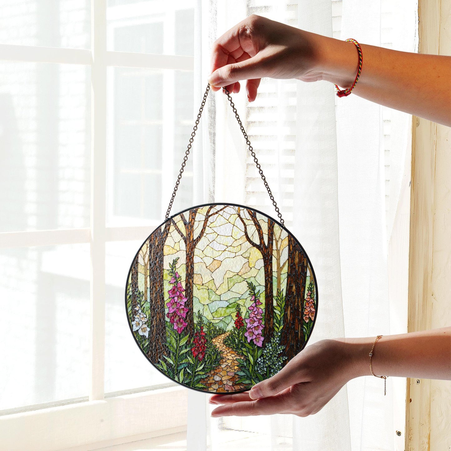 Forest path flower glass suncatcher stained glass woodland window hanging gift for nature lover mom