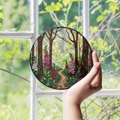 Forest path flower glass suncatcher stained glass woodland window hanging gift for nature lover mom