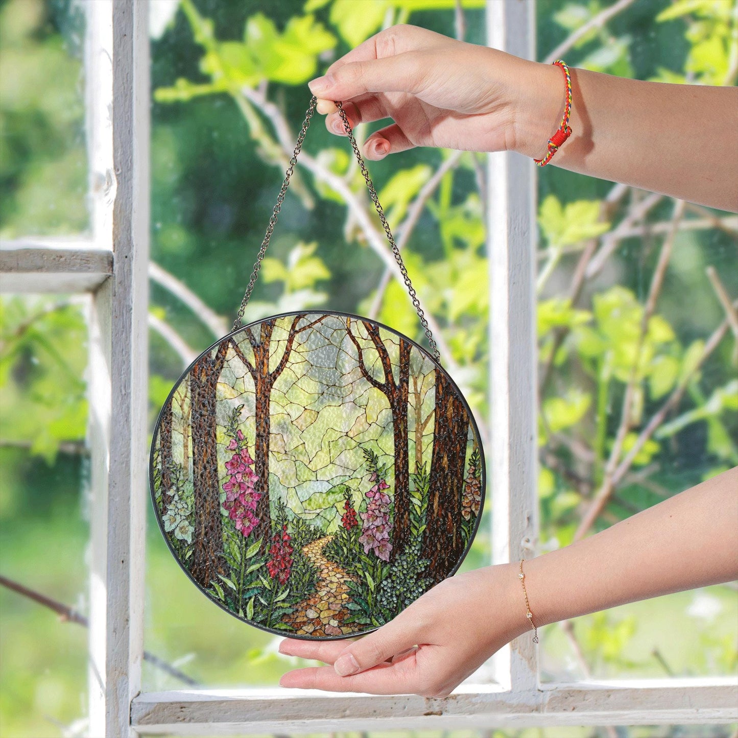Forest path flower glass suncatcher stained glass woodland window hanging gift for nature lover mom