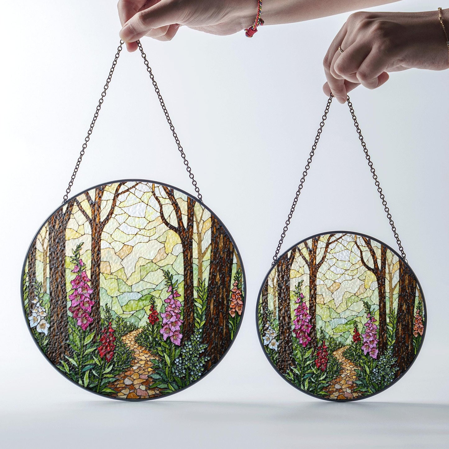 Forest path flower glass suncatcher stained glass woodland window hanging gift for nature lover mom