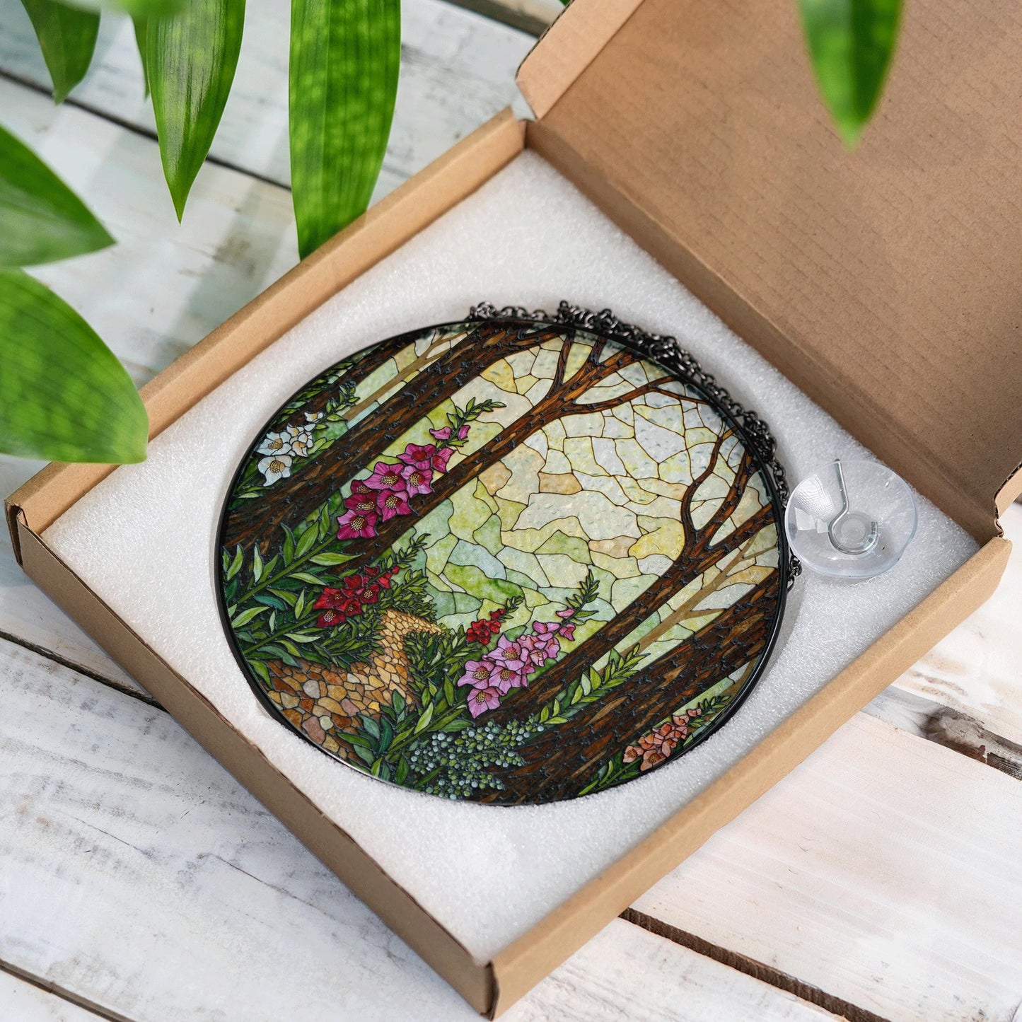 Forest path flower glass suncatcher stained glass woodland window hanging gift for nature lover mom