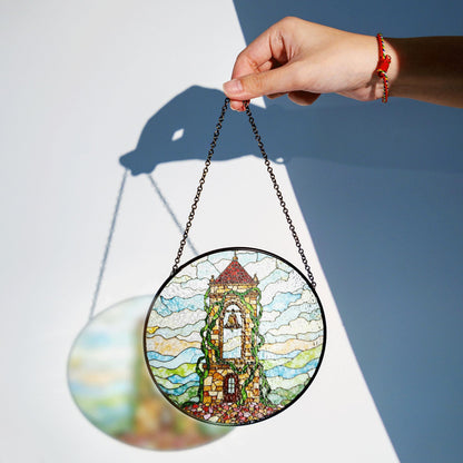 Ivy Tower Bell Scene Suncatcher Stained Glass Style Window Decor Gift for Christmas or Housewarming