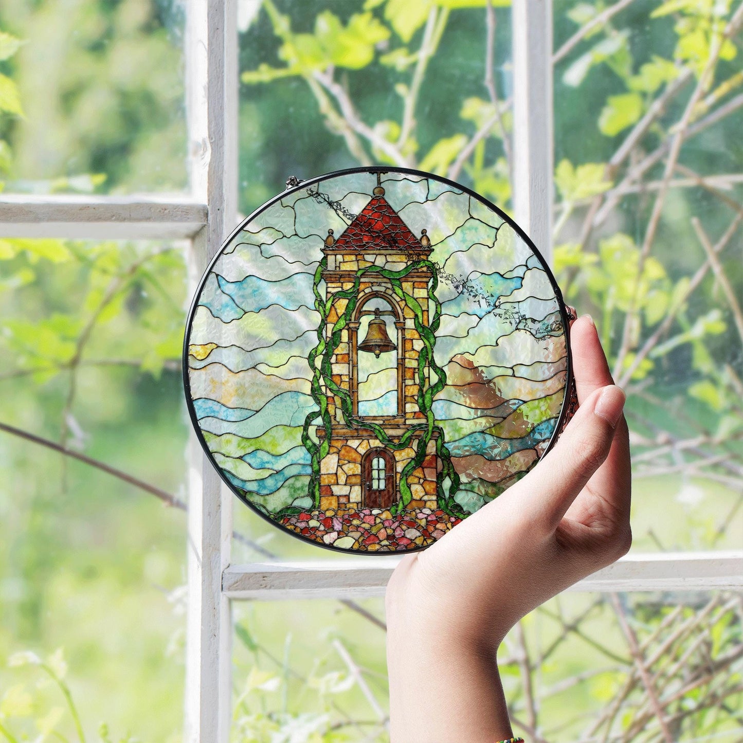 Ivy Tower Bell Scene Suncatcher Stained Glass Style Window Decor Gift for Christmas or Housewarming