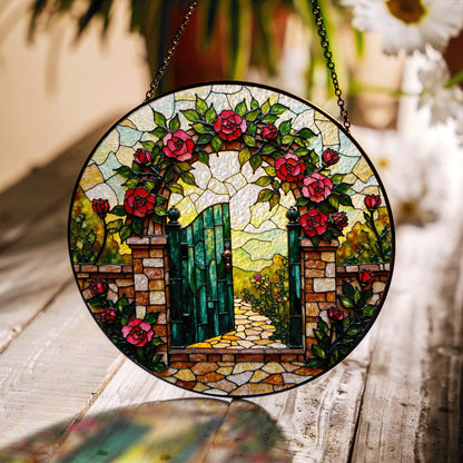 Garden gate rose arch design stained glass suncatcher window decor gift for mothers day or housewarming