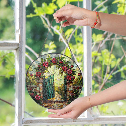 Garden gate rose arch design stained glass suncatcher window decor gift for mothers day or housewarming